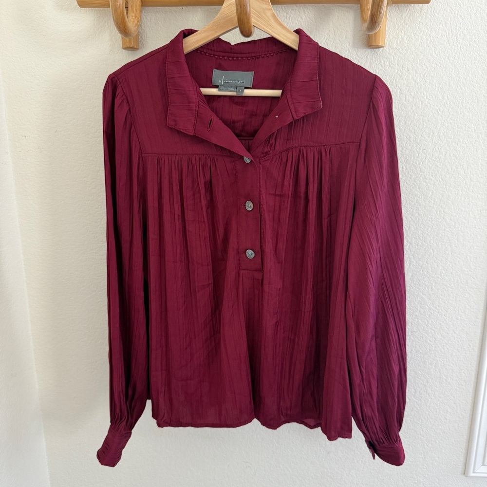 By Anthropologie Maroon red long sleeve pleated blouse relaxed fit size S